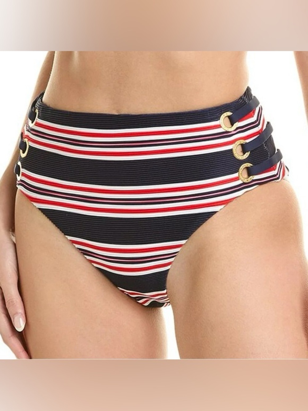 La Blanca High-Rise Striped Bikini Bottoms - Navy, Red & White